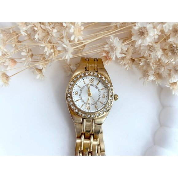 Gold Toned Rhinestone Accented Vintage Vintage Women's Wristwatch 20mm - WORKS! - Picture 10 of 10